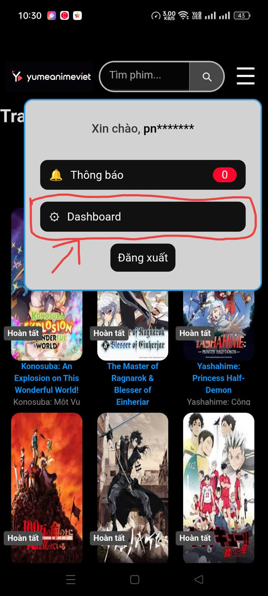 Ảnh minh hoạ chọn Dashboard trong menu tài khoản trên ứng dụng Android yumeani.me