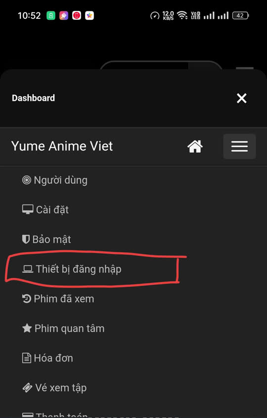 Ảnh minh hoạ chọn mục Thiết bị đăng nhập trong Dashboard của ứng dụng Android yumeani.me