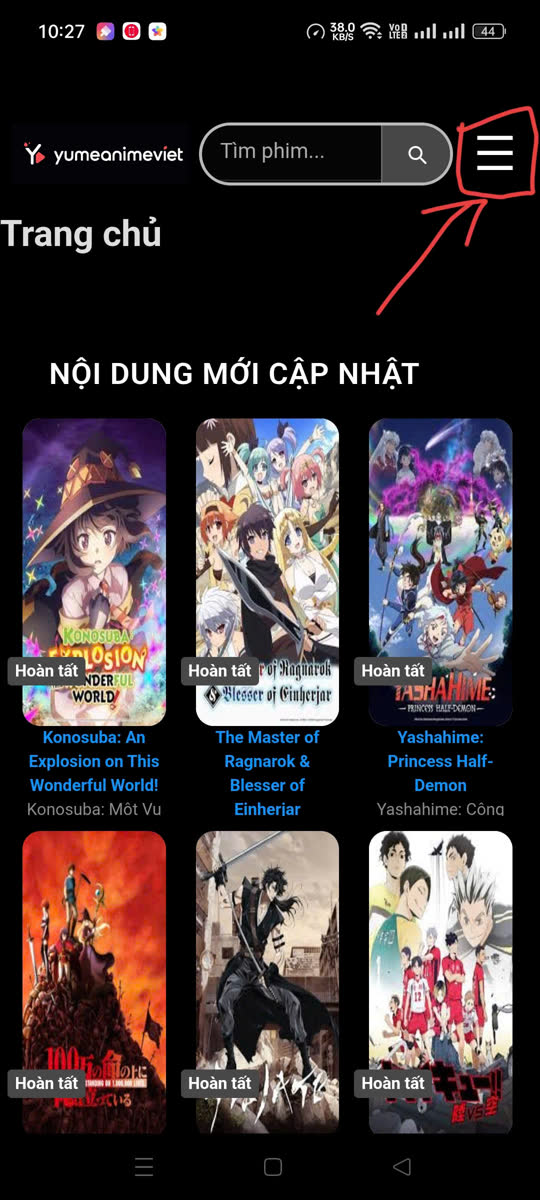 Ảnh minh hoạ nút menu hamburger trên ứng dụng Android yumeani.me