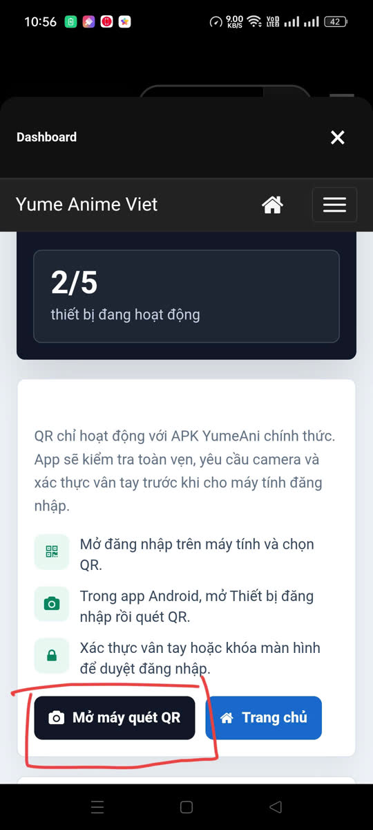 Ảnh minh hoạ nút Mở máy quét QR trong mục Thiết bị đăng nhập của ứng dụng Android yumeani.me